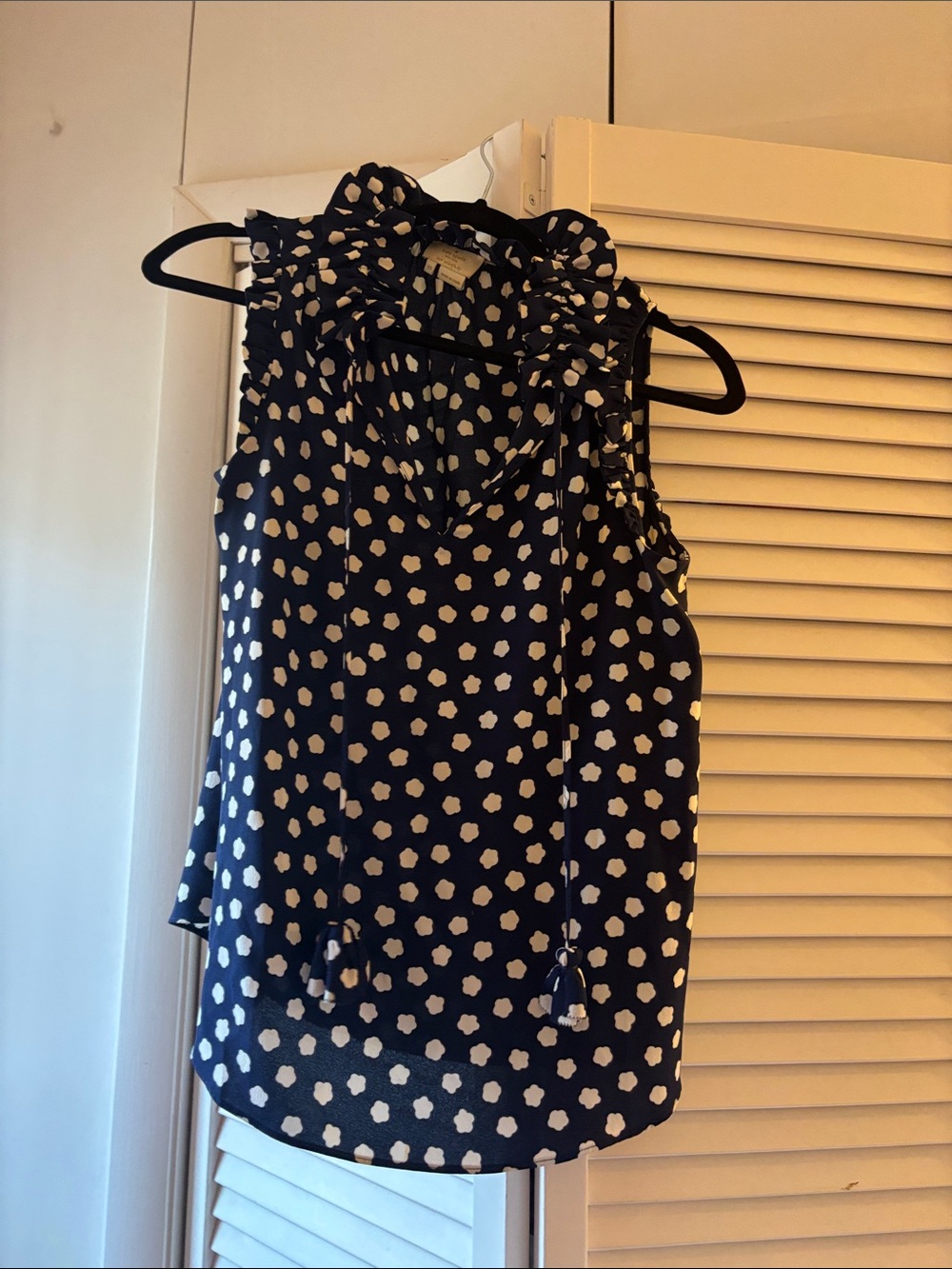 kate spade Navy and White Polka Dot Ruffle Tie Tank